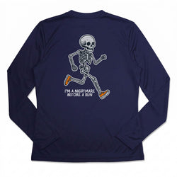 A navy blue long-sleeve performance shirt shown from the back, featuring a white graphic of a running skeleton with orange shoes and the text 'I'M A NIGHTMARE BEFORE A RUN'.