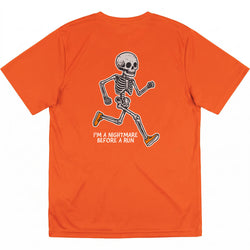 An orange short-sleeve t-shirt shown flat against a white background, featuring a graphic of a running skeleton with the text 'I'M A NIGHTMARE BEFORE A RUN' printed below it.
