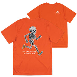An orange short-sleeve t-shirt shown from both the front and back. The front features a small white logo on the left chest, while the back displays a large graphic of a running skeleton with the text 'I'M A NIGHTMARE BEFORE A RUN' underneath.