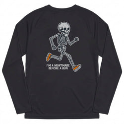 A black long-sleeve t-shirt with a graphic of a running skeleton on the back. The skeleton is white with orange sneakers, and below it is the text 'I'M A NIGHTMARE BEFORE A RUN' in white.