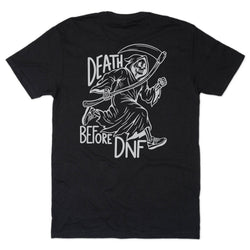 A black short-sleeve t-shirt with a white graphic print on the back featuring a grim reaper running with a scythe and the text 'DEATH BEFORE DNF'.
