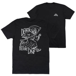 A black graphic t-shirt shown from both the front and back. The back features a large white line-art graphic of the Grim Reaper holding a scythe, with the text 'DEATH BEFORE DNF'.
