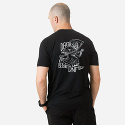 A man wearing a black graphic t-shirt shown from the and back. The back features a large white line-art graphic of the Grim Reaper holding a scythe, with the text 'DEATH BEFORE DNF'.