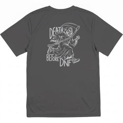 A dark gray t-shirt shown from the back, featuring a white graphic of a grim reaper with the text 'DEATH BEFORE DNF'.