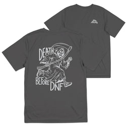 A dark gray short-sleeve t-shirt shown from both the front and back. The front features a small white logo on the left chest, and the back displays a large white graphic of a grim reaper holding a scythe with the text 'DEATH BEFORE DNF'.