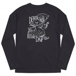 A black long-sleeve t-shirt shown from the back, featuring a white graphic print of a grim reaper holding a scythe with the text 'DEATH BEFORE DNF' written around it.