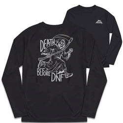 A black long-sleeve t-shirt shown from both the front and back. The back features a large white graphic of the Grim Reaper with the text 'DEATH BEFORE DNF'.