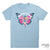 A light blue crewneck t-shirt featuring a graphic of a butterfly with pink and teal wings, containing an illustration of a woman in a cowboy hat and boots, with the text 'Runnin' to 5' across the wings. A 'Heather Columbia Blue Unisex Tee' label is visible in the bottom right corner.