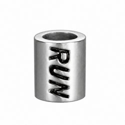A silver cylindrical charm bead featuring the word 'RUN' vertically embossed in black.