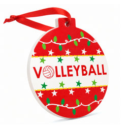 A round Christmas ornament with a red ribbon hanger, featuring the word 'VOLLEYBALL' in red letters over a volleyball graphic on a white band, surrounded by red, green, and white holiday patterns.
