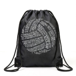 Black drawstring bag with volleyball-themed text design on a white background