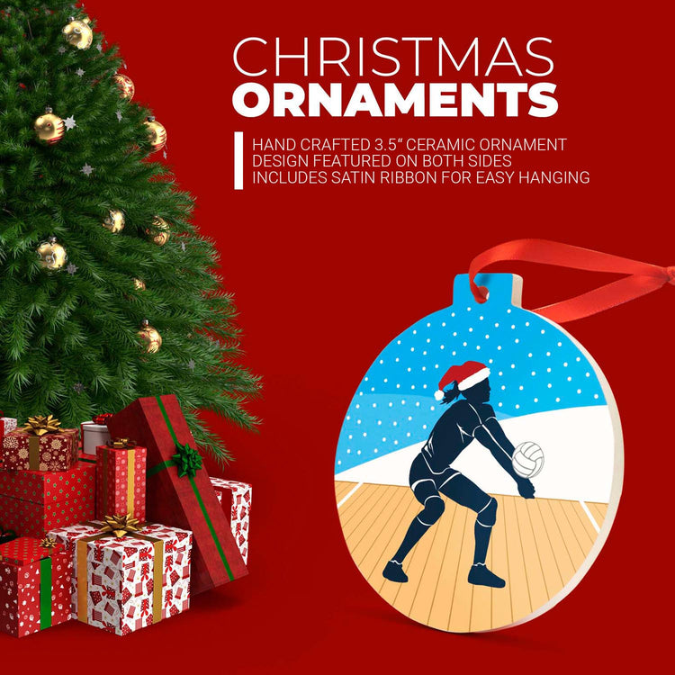 Volleyball Round Ceramic Ornament - Silhouette with Santa Hat