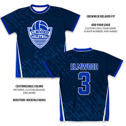 Blue custom sports tee with 'Elmwood Volleyball' logo and number '3', customizable features listed.