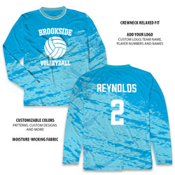 Blue long-sleeve volleyball tee with 'Brookside Volleyball' and 'Reynolds 2' printed on it, on a white background.