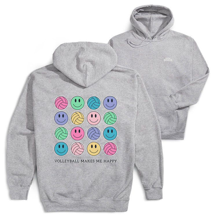 Volleyball Hooded Sweatshirt - Volleyball Makes Me Happy (Back Design) [Adult Small/Gray] - SS