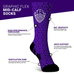Purple sock with volleyball pattern and Elwood Volleyball logo, featuring text on high performance and design elements.