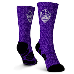 Purple socks with volleyball pattern and Elmwood Volleyball logo on a white background