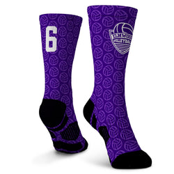 Purple socks with volleyball pattern and 'Elmwood Volleyball' logo on a white background