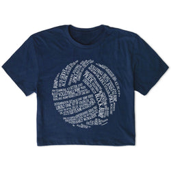 Navy blue t-shirt with white volleyball text design on a white background