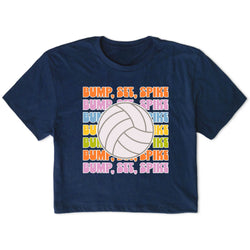 Navy blue t-shirt with volleyball graphic and 'Bump, Set, Spike' text on a white background