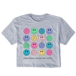 Gray t-shirt with colorful volleyball and smiley face design on a white background