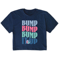 Navy blue t-shirt with colorful text and volleyball graphic on a white background