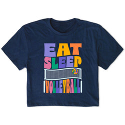 Navy blue t-shirt with colorful 'Eat Sleep Volleyball' design on a white background