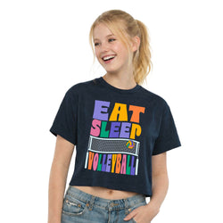 Girl wearing a navy t-shirt with 'Eat Sleep Volleyball' text on a white background