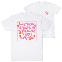 Two white short-sleeve t-shirts shown on a plain white background, with the front and back views overlapping. The back shirt features a large pink and orange graphic with the text 'HARD WORK BEATS TALENT WHEN TALENT DOESN'T WORK HARD' surrounded by volleyballs and orange stars.