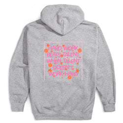 A heather gray pullover hoodie shown from the back, featuring a retro-style graphic print with pink text reading 'HARD WORK BEATS TALENT' and 'WHEN TALENT DOESN'T WORK HARD' surrounded by orange stars and volleyballs on a white background.