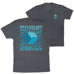 Two views of a heather dark gray t-shirt on a white background. The front view shows a blue and light blue volleyball graphic with the text 'NO DAYS OFF' repeated in blue.