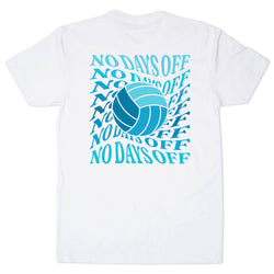 A white short-sleeve t-shirt with a blue graphic on the back featuring a volleyball and the text 'NO DAYS OFF' repeated in a dynamic swirl pattern.