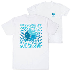 Two white short-sleeve t-shirts shown on a white background, with the front and back views overlapping. The back shirt features a large blue and light blue volleyball graphic surrounded by the text 'NO DAYS OFF' repeated in a dynamic diagonal layout.