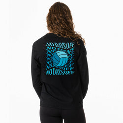 A woman viewed from behind wearing a black long-sleeve sweatshirt with a large blue graphic on the back featuring a volleyball and the text 'NO DAYS OFF' repeated, against a plain white background.