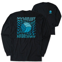 A black long-sleeve t-shirt shown from both the back and front. The back features a large graphic of a blue and white volleyball surrounded by the text 'NO DAYS OFF' in a blue-to-teal gradient.