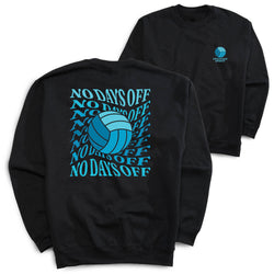 Two black crewneck sweatshirts shown on a white background, with the front view of one overlapping the back view of the other. The back sweatshirt features a large blue graphic of a volleyball surrounded by the text 'NO DAYS OFF' repeated in a dynamic pattern.
