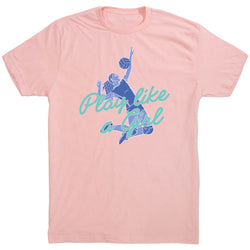 A light pink short-sleeve crewneck t-shirt featuring a blue graphic of a volleyball player and the text 'Play like a Girl' in light blue script across the chest, displayed on a clean white background.
