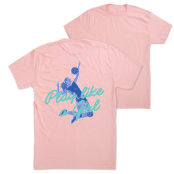 A light pink short-sleeve t-shirt shown from both front and back. The back features a graphic of a volleyball player in blue and teal with the text 'Play like a Girl' in teal script.
