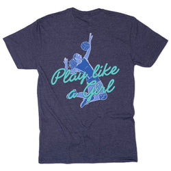 A heather navy blue short-sleeve t-shirt with a graphic on the back featuring a blue volleyball player and the text 'Play like a Girl' in light blue script.