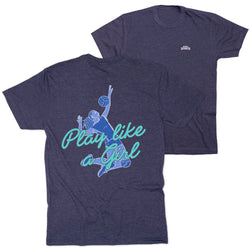 A heather navy blue t-shirt shown from both the front and back. The back features a graphic of a volleyball player in blue with the text 'Play like a Girl' in light blue script.
