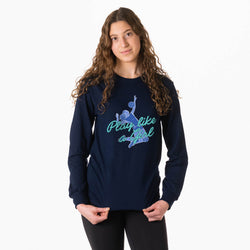 A woman modeling a navy blue long-sleeve t-shirt with a graphic on the front that reads 'Play like a Girl' in teal and light blue, set against a plain white background.
