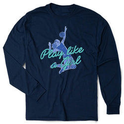 A navy blue long-sleeve t-shirt with a graphic on the front showing a blue silhouette of a girl playing volleyball and the text 'Play like a Girl' in light blue and teal script.