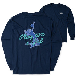 A navy blue long-sleeve t-shirt shown from both the front and back. The back features a graphic of a female volleyball player in blue and teal, with the text 'Play like a Girl' written in teal script.