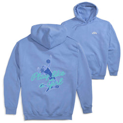 A light blue hoodie shown from both the front and back. The back features a graphic of a volleyball player in blue and teal with the text 'Play like a girl'.