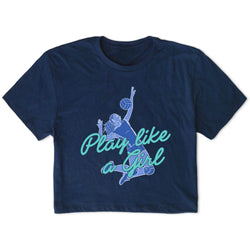 A navy blue short-sleeve t-shirt with a graphic of a volleyball player in light blue and the text 'Play like a Girl' in light teal script across the front, displayed on a clean white background.