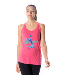 A woman modeling a pink racerback tank top with a blue and teal graphic of a volleyball player and the text 'play like a girl' on a solid white background.