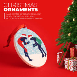 Wrestling Round Ceramic Ornament - Silhouettes with Santa Hat
