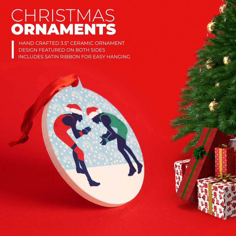 Wrestling Round Ceramic Ornament - Silhouettes with Santa Hat