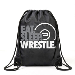 Black drawstring bag with 'Eat Sleep Wrestle' text on a white background