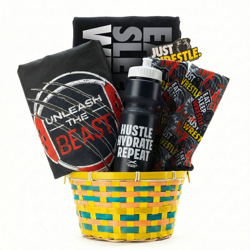 Wrestling Easter Basket with t-shirt, a water bottle, drawstring bag and socks with motivational phrases on a white background